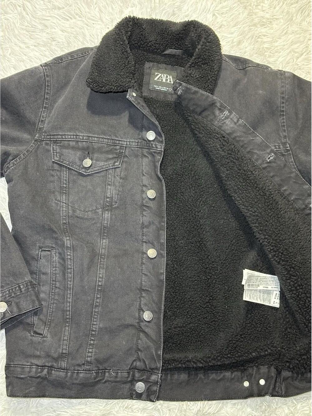 ZARA Men’s Black Fur Lined Denim Jacket Size L Sherpa Trucker Coat Workwear - Picture 7 of 9